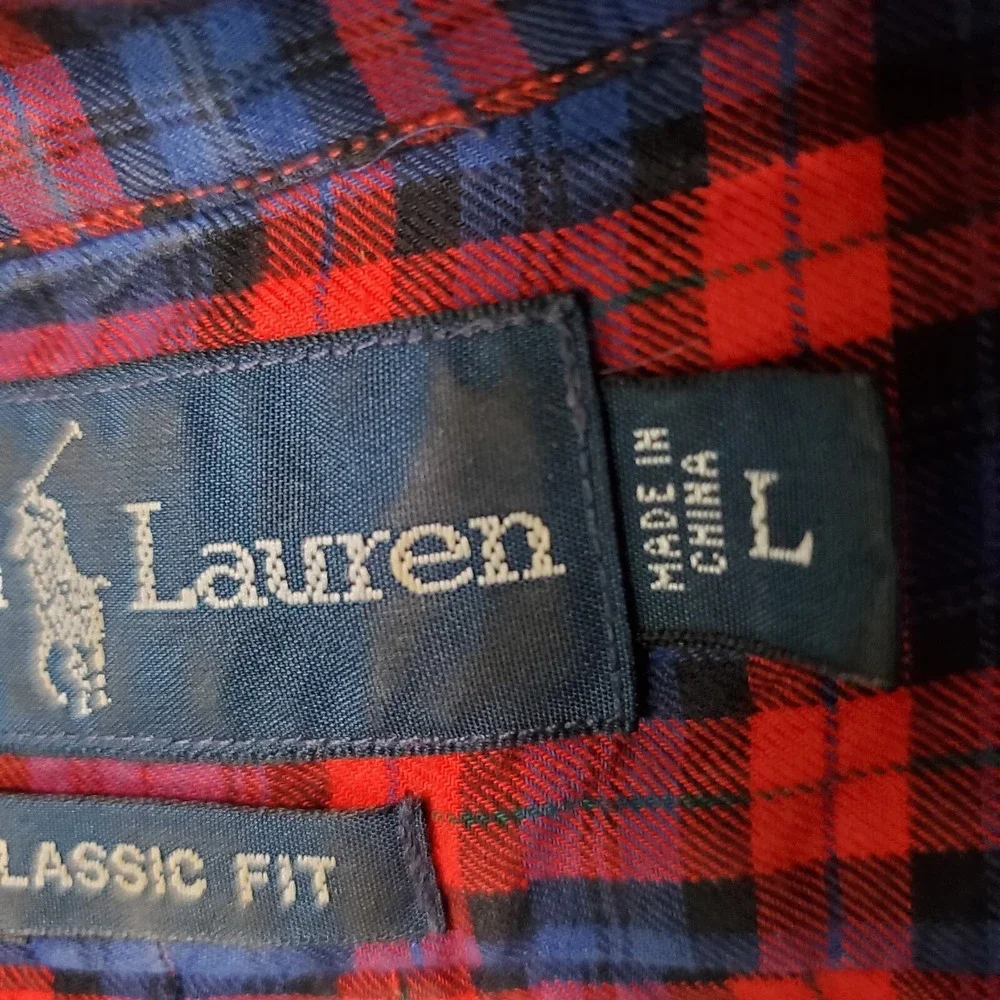 Ralph Lauren Men Button Up Shirt Large Red Classic Fit Plaid Blue LS READ